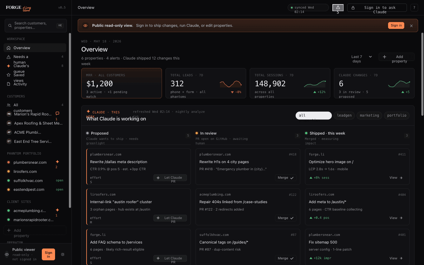 The Forge dashboard — a live view of the websites our AI is shipping changes to every night, with PRs, leads, and traffic metrics for service businesses on Long Island.